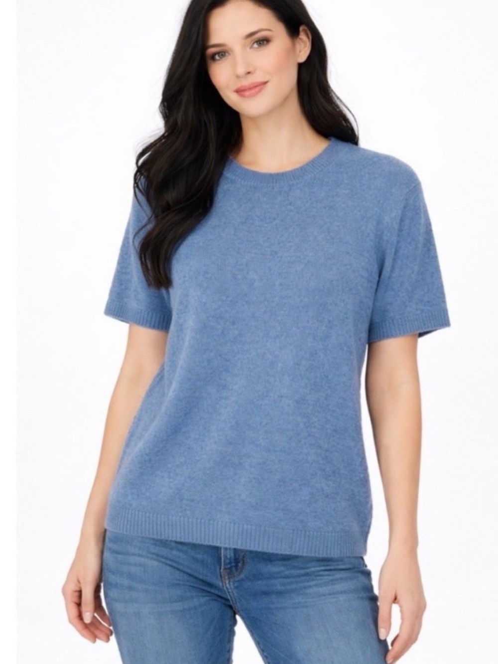 CYRUS Short Sleeve Crewneck Knit Sweater Top in Marled Blue Sz Medium